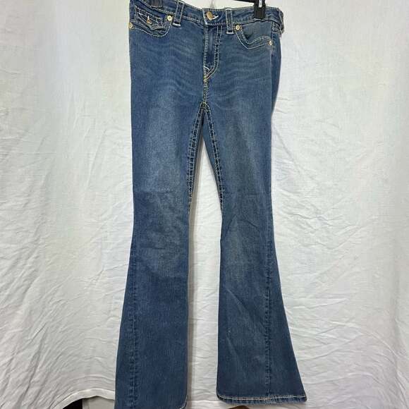 True Religion Denim - True Religion Joey Mid Rise Flare Jeans Big T Stitched Flap Pockets Size 28